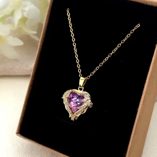 Stunning Purple Heart Necklace - Gold-Plated Elegance with Sparkling Crystals - Image 3