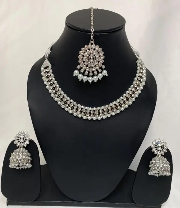 Asian Necklace set earrings tikka, Indian bridal SILVER colour with zhumki - Image 2